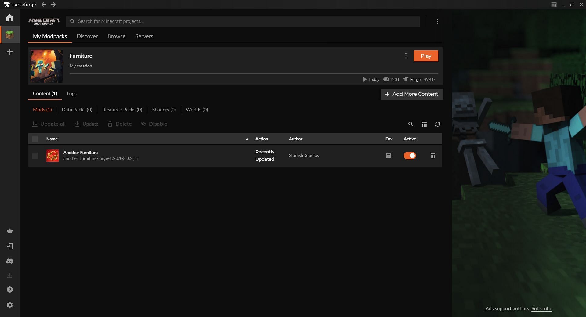 Use the Curseforge launcher to download and install the Another Furniture mod for Minecraft (Image via Sportskeeda Gaming || Mojang Studios)